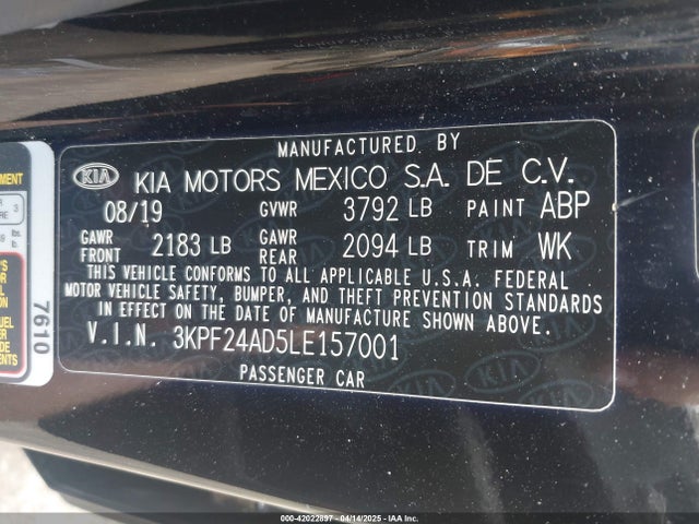 3KPF24AD5LE157001 KIA Forte Lxs