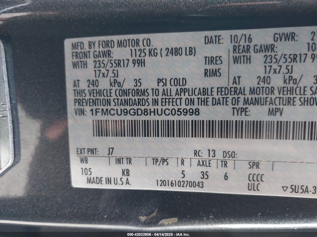 1FMCU9GD8HUC05998 Ford ESCAPE SE