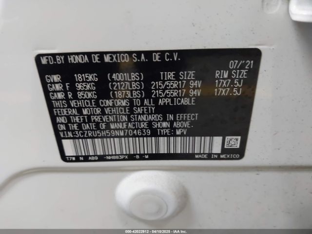 3CZRU5H59NM704639 Honda Hr-v 2wd Ex