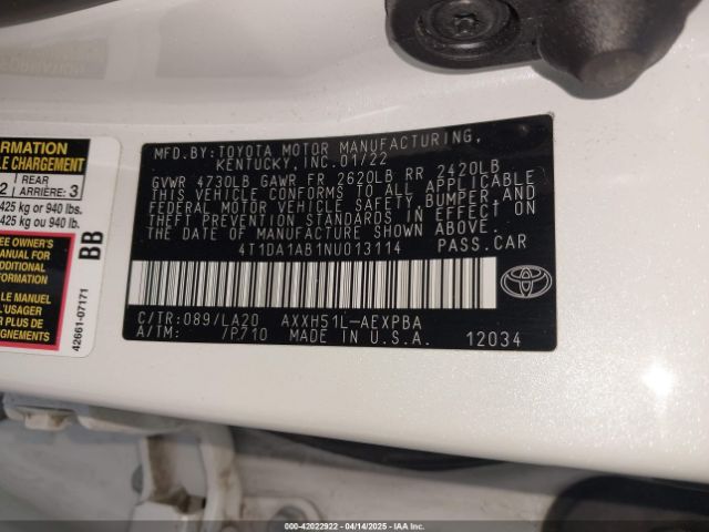4T1DA1AB1NU013114 Toyota Avalon Limited Hybrid