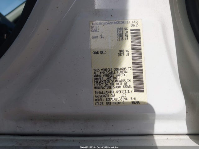 1N4AL3AP4FC492117 Nissan Altima 2.5 Sv