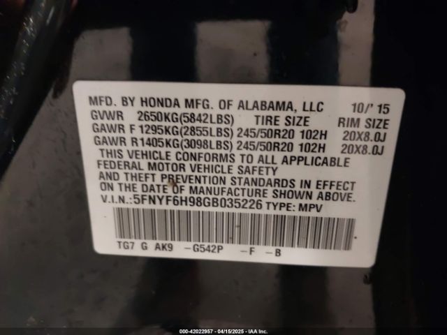 5FNYF6H98GB035226 Honda Pilot Touring