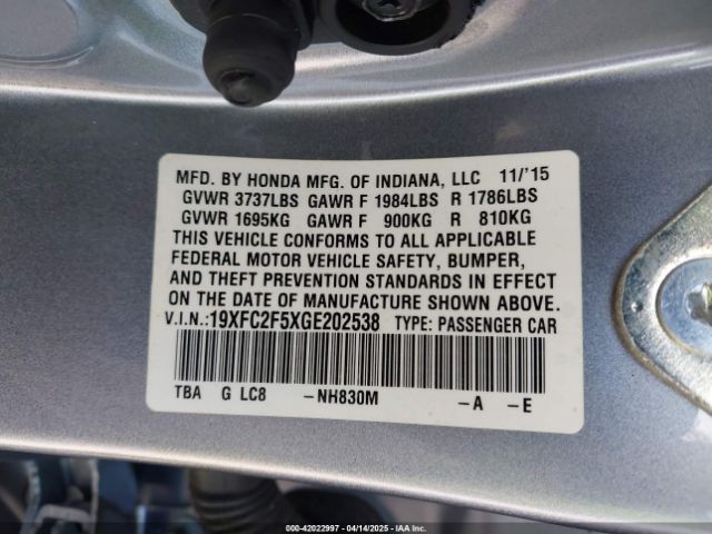 19XFC2F5XGE202538 Honda Civic Lx