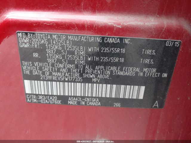 2T3YFREV5FW177335 Toyota Rav4 Limited
