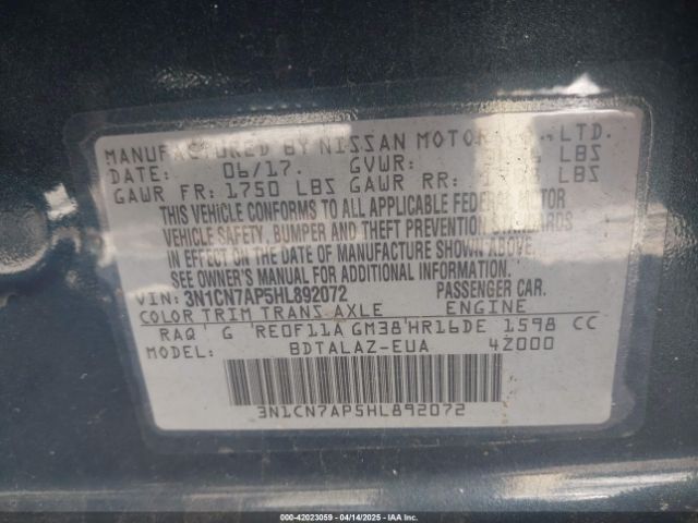 3N1CN7AP5HL892072 Nissan Versa 1.6 S+