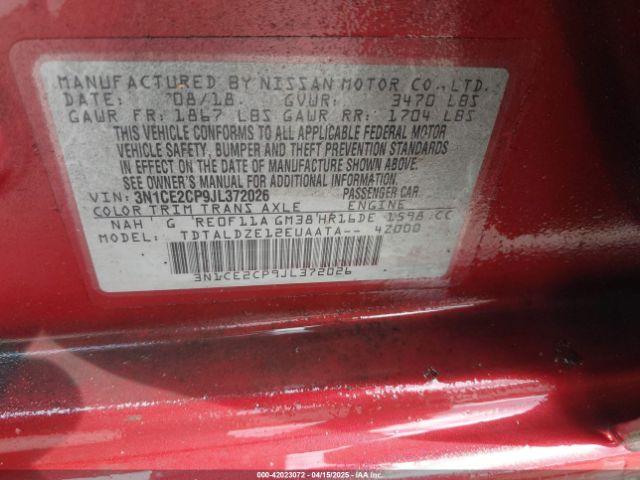 3N1CE2CP9JL372026 Nissan Versa Note Sv