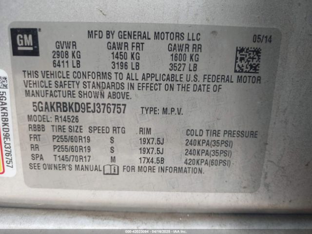 5GAKRBKD9EJ376757 Buick Enclave Leather