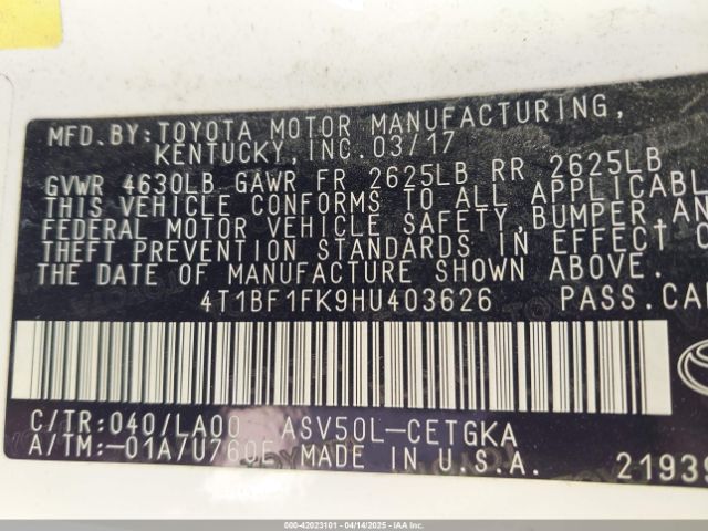 4T1BF1FK9HU403626 Toyota CAMRY XLE