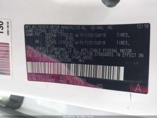 5TDXZ3DCXKS993095 Toyota Sienna Se Premium 8 Passenger
