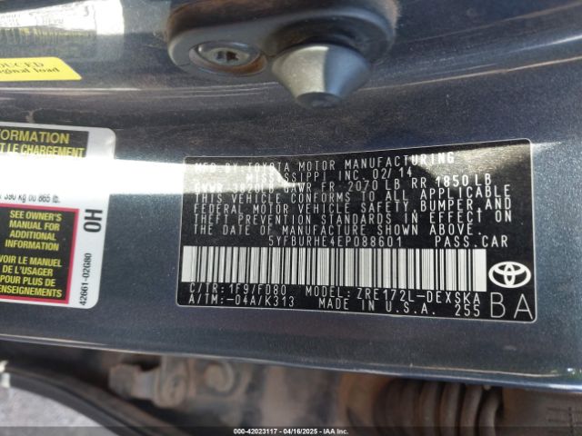 5YFBURHE4EP088601 Toyota Corolla S Plus