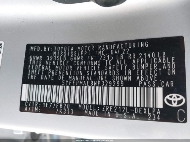 5YFEPMAE8NP329299 Toyota COROLLA LE
