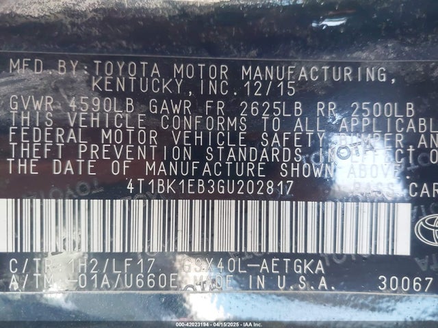 4T1BK1EB3GU202817 Toyota Avalon Xle Premium