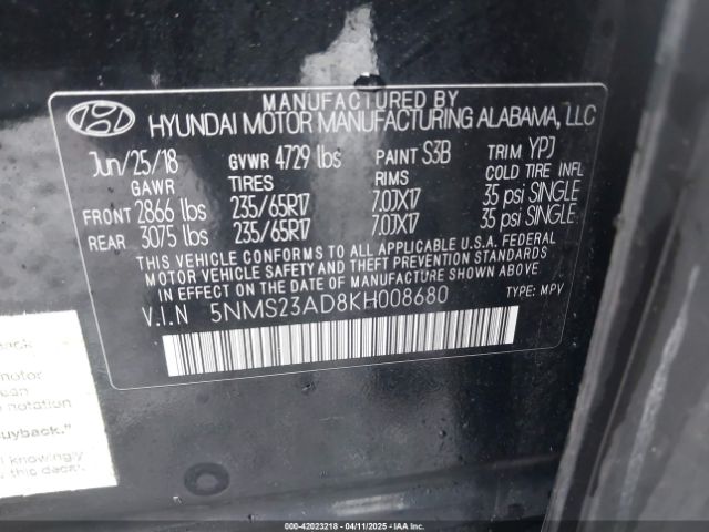 5NMS23AD8KH008680 Hyundai Santa Fe Se