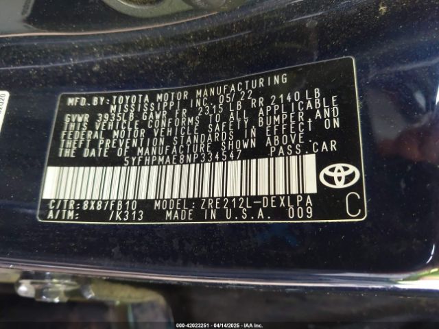 5YFHPMAE8NP334547 Toyota COROLLA LE