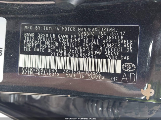 2T1BURHE3HC920515 Toyota COROLLA SE