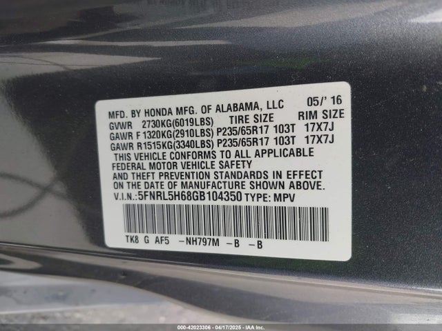5FNRL5H68GB104350 Honda Odyssey Ex-l