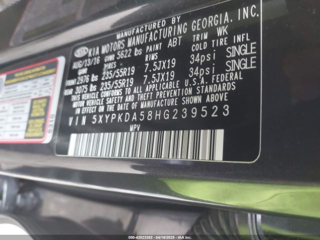 5XYPKDA58HG239523 KIA Sorento 3.3l Sx