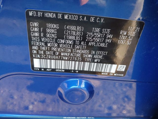 3CZRU6H77NM727635 Honda Hr-v Awd Ex-l