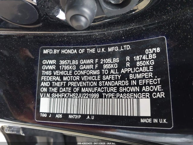 SHHFK7H52JU221999 Honda CIVIC EX