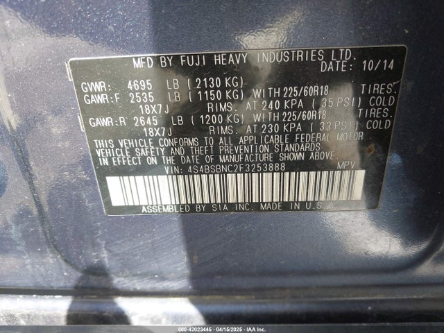4S4BSBNC2F3253888 Subaru Outback 2.5i Limited