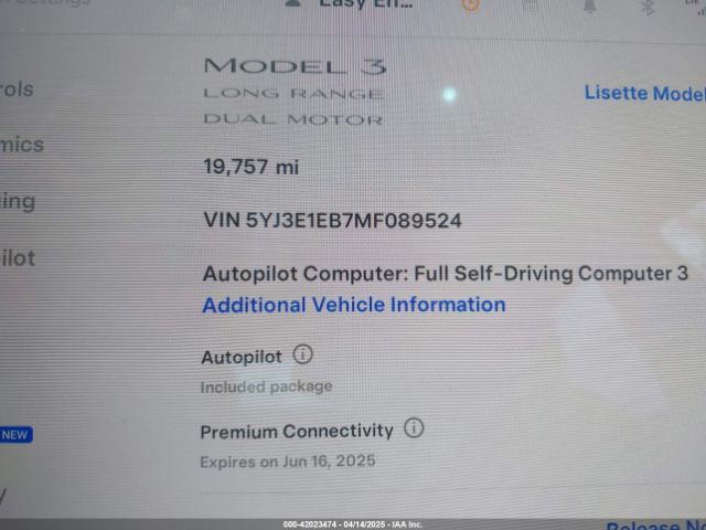 5YJ3E1EB7MF089524 Tesla Model 3 Long Range Dual Motor All-wheel Drive
