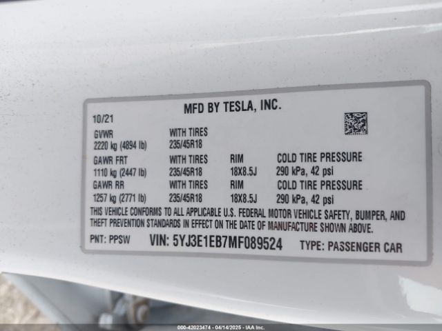 5YJ3E1EB7MF089524 Tesla Model 3 Long Range Dual Motor All-wheel Drive