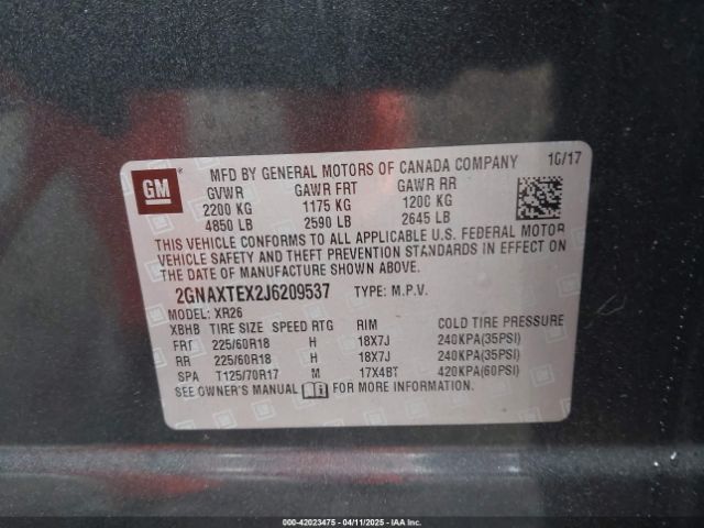 2GNAXTEX2J6209537 Chevrolet EQUINOX LT
