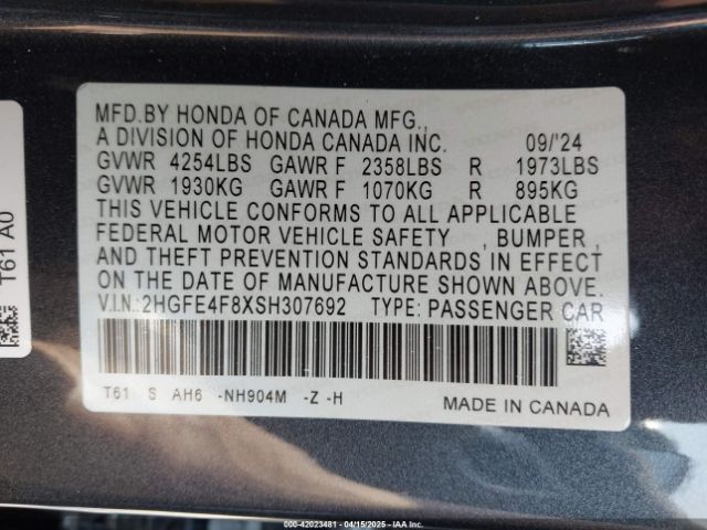 2HGFE4F8XSH307692 Honda Civic  Hybrid Sport/sport Touring