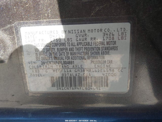 3N1CN7AP4FL804691 Nissan Versa 1.6 S+