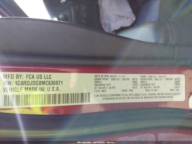 1C4RDJDG8MC636971 Dodge Durango Gt Plus Awd