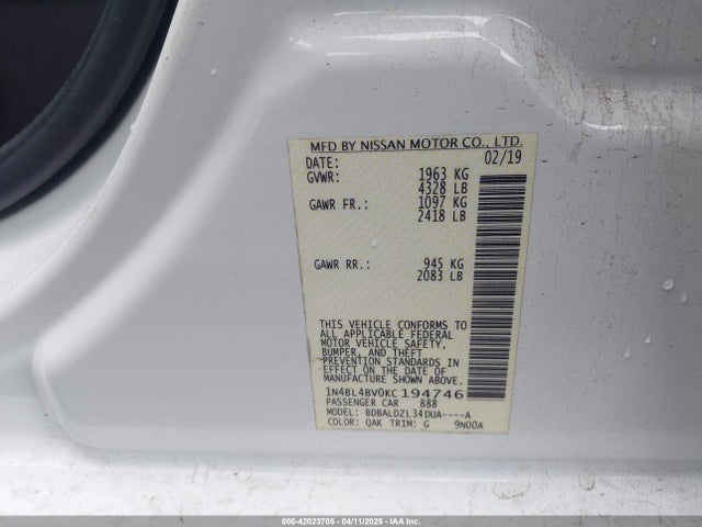 1N4BL4BV0KC194746 Nissan Altima 2.5 S