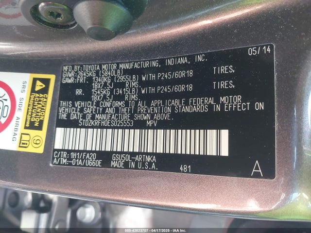5TDZKRFH0ES025553 Toyota Highlander Le Plus V6