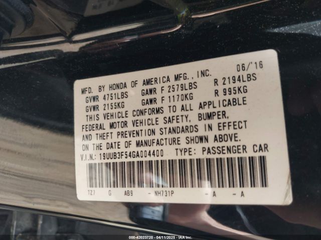 19UUB3F54GA004400 Acura Tlx V6 Tech