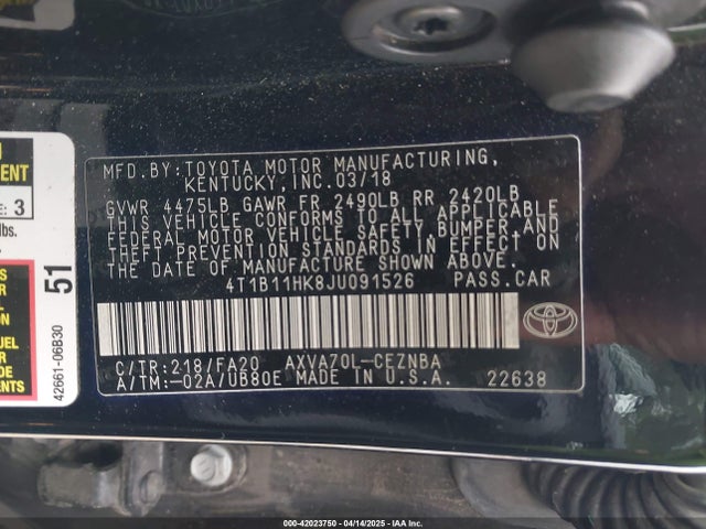 4T1B11HK8JU091526 Toyota CAMRY LE