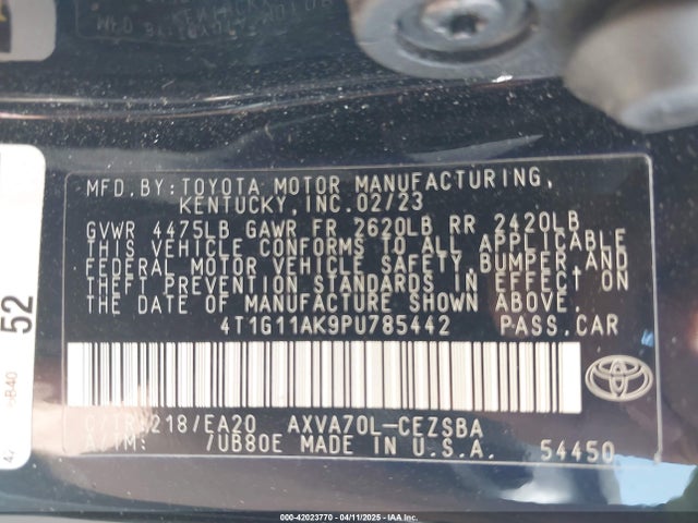 4T1G11AK9PU785442 Toyota CAMRY SE