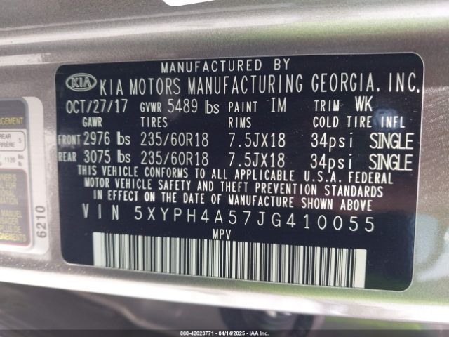 5XYPH4A57JG410055 KIA Sorento 3.3l Ex