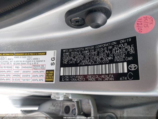 JTDEPRAE2LJ077273 Toyota COROLLA LE
