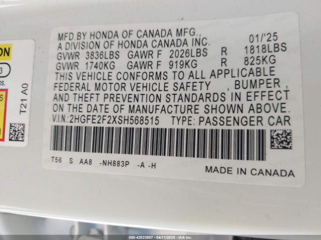 2HGFE2F2XSH568515 Honda Civic Lx