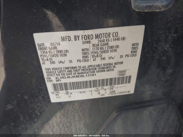 2LMDJ6JK8EBL13191 Lincoln MKX