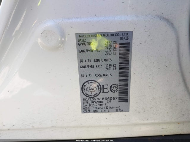 5N1AT2MV7GC866067 Nissan Rogue S/sl/sv