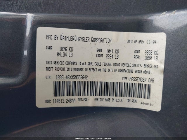 Продажа на аукционе авто 2005 Dodge Stratus Sxt, vin: 1B3EL46XX5N559642, номер лота: 42023852