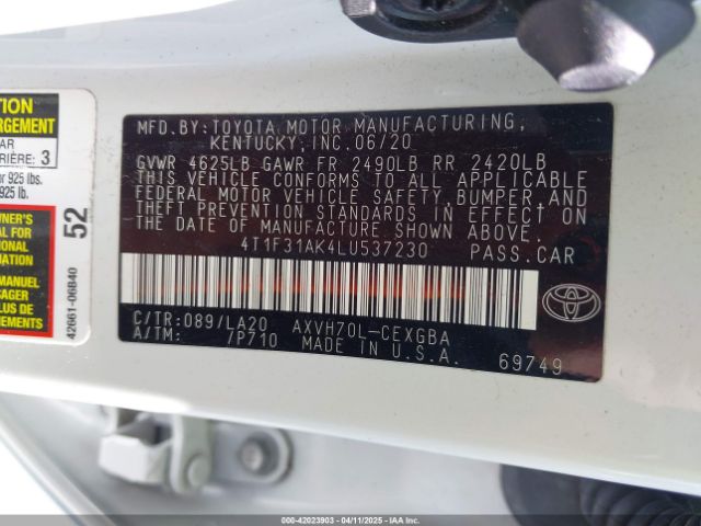 4T1F31AK4LU537230 Toyota Camry Xle Hybrid