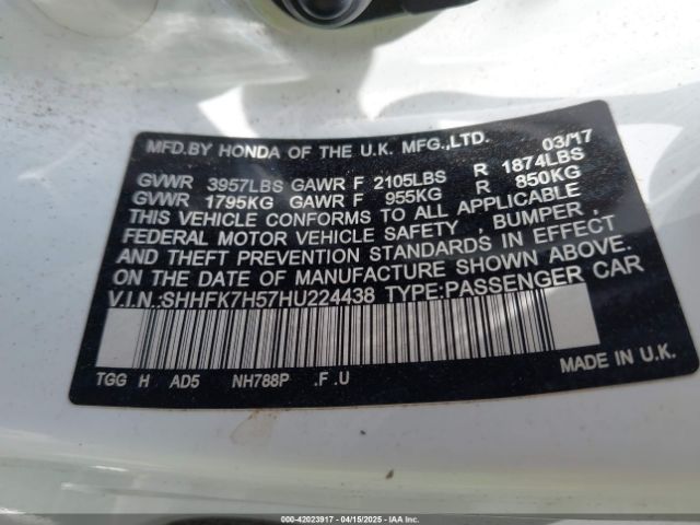 SHHFK7H57HU224438 Honda CIVIC EX