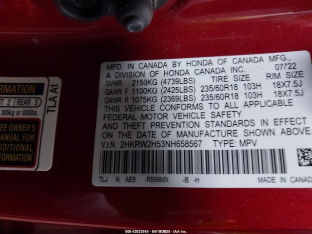 2HKRW2H53NH658567 Honda Cr-v Awd Ex
