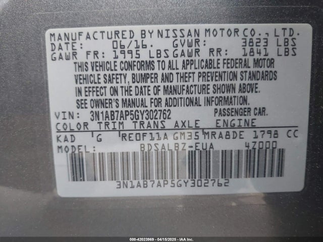 3N1AB7AP5GY302762 Nissan SENTRA S