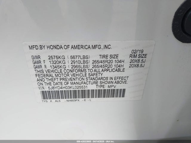 5J8YD4H03KL025531 Acura Mdx Tech   A-spec Pkgs