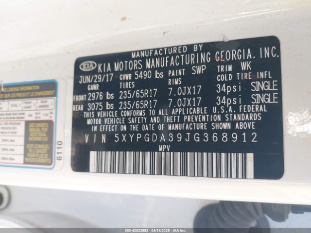 5XYPGDA39JG368912 KIA Sorento 2.4l Lx