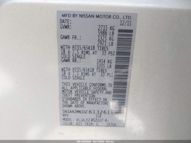 5N1AR2MN1GC613261 Nissan Pathfinder Platinum/s/sl/sv