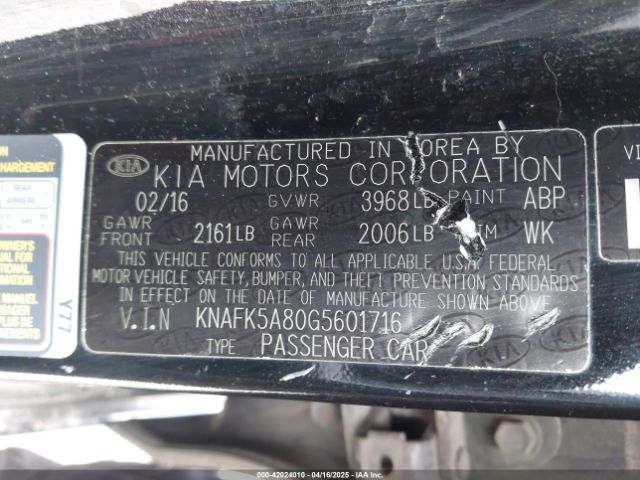 KNAFK5A80G5601716 KIA Forte 5-door Lx