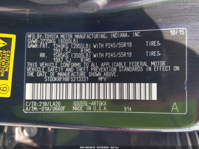 5TDDKRFH8FS213331 Toyota Highlander Limited Platinum V6